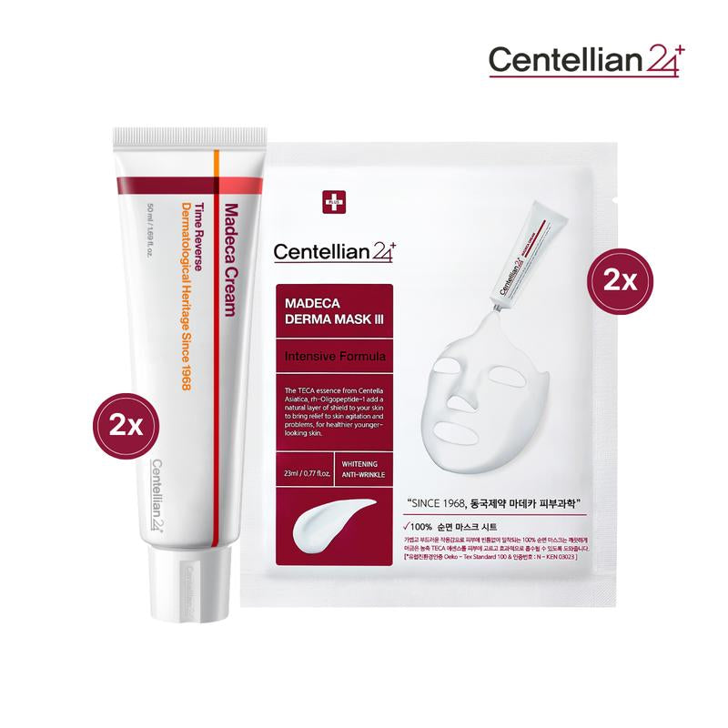 [Centellian24] Madeca Starter Pack | 2X Madeca Cream Time Reverse + 2X Intensive Formula Sheet Mask | Daily Hydrating Repair with Cica, Hyaluronic Acid & Radiance Boost | Korean Skincare